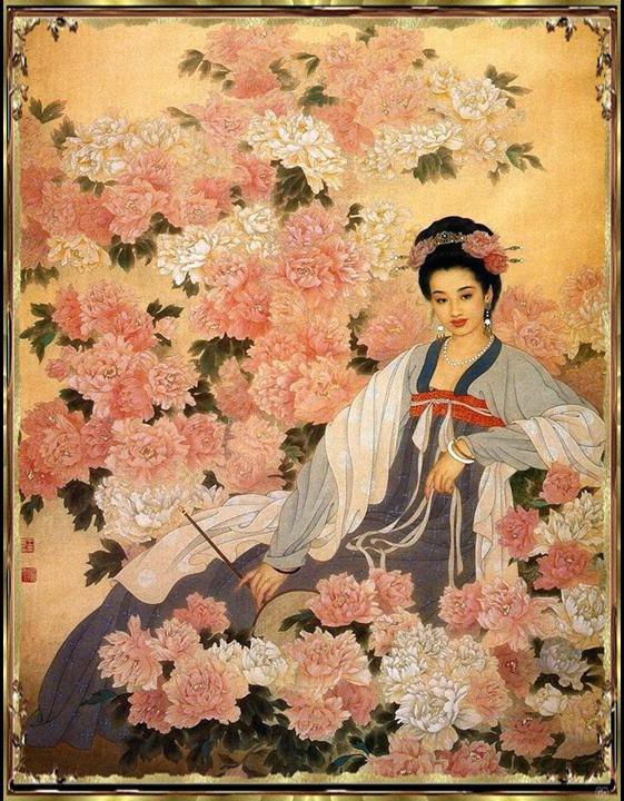 Китайская живопись - живопись, цветы, китай, девушка, картина - оригинал