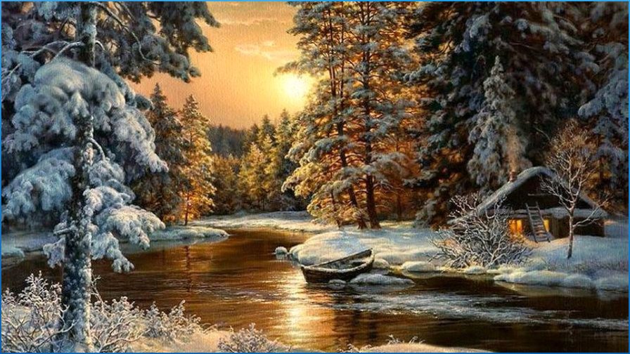 зимний вечер - зимний пейзаж, зима, вечер, зимний лес, зимняя река - оригинал