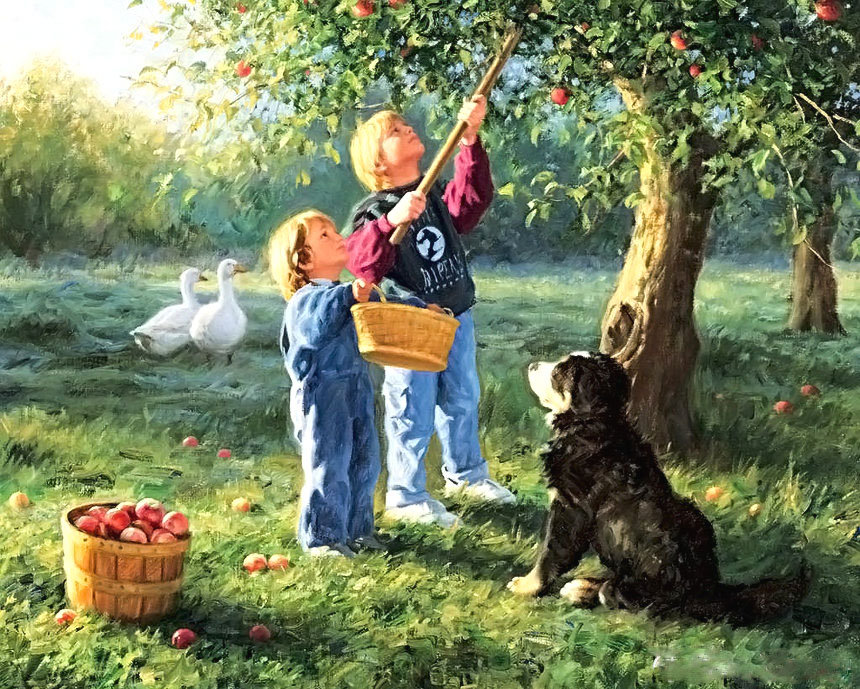 Дети в саду - лето, дети, яблоки, солнечный денек, сад - оригинал