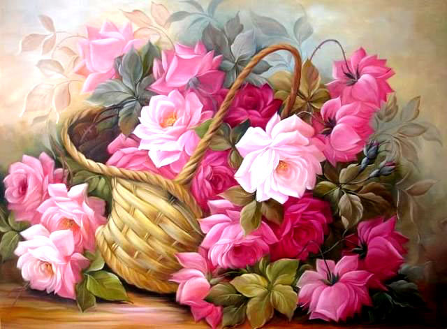 цветы - корзина, красота, живопись, картина, цветы, ваза, розы - оригинал