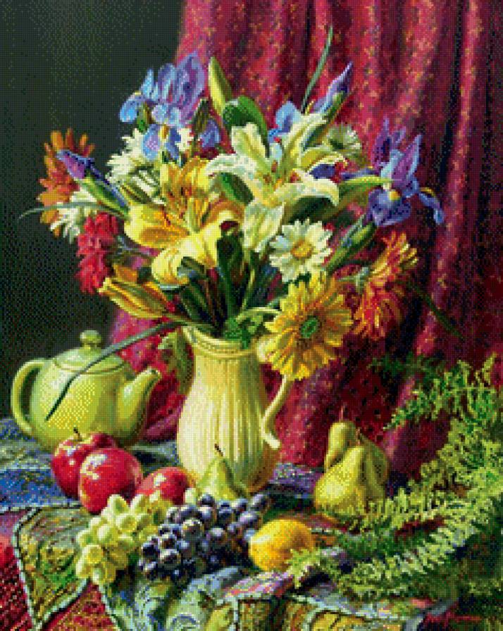 натюрморт с цветами и фруктами - натюрморт с цветами и фруктами - предпросмотр