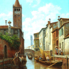 Венеция, вода, лодка, картина,живопись, люди