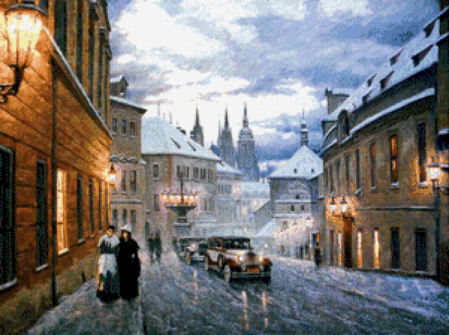 Старый город - живопись, люди, улица, картина, город, зима - предпросмотр