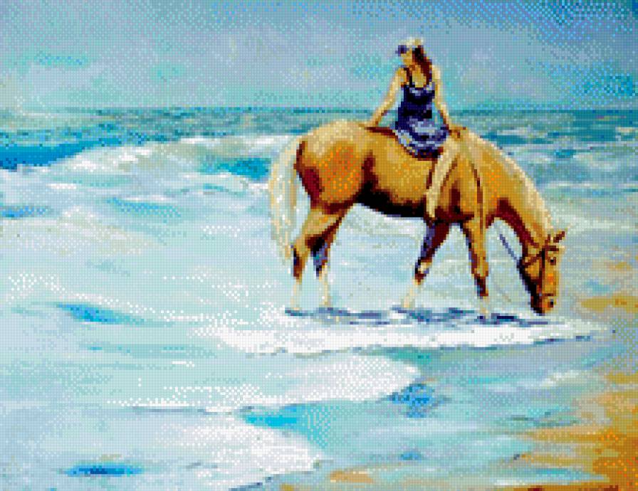 Конная прогулка на морском берегу - искусство, животные, девушка, картина, живопись - предпросмотр