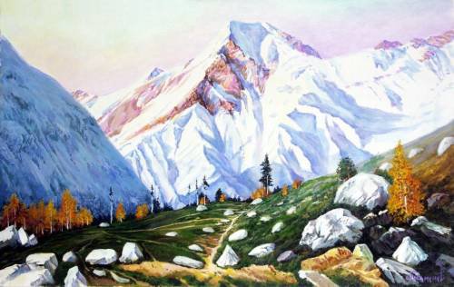 Северный Кавказ - живопись, картина, снег, путешествие, искусство, горы - оригинал