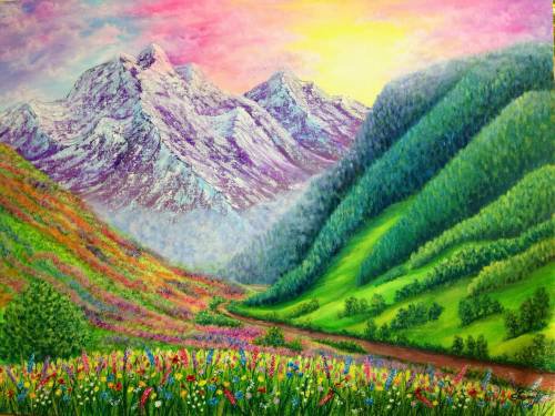 Долина цветов в Индии - искусство, живопись, путешествие, картина - оригинал