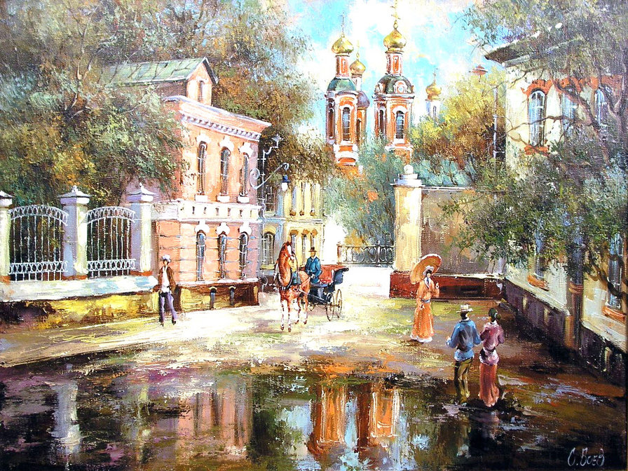 Старый город - живопись, дворик, люди, городской пейзаж, дождь, картина - оригинал