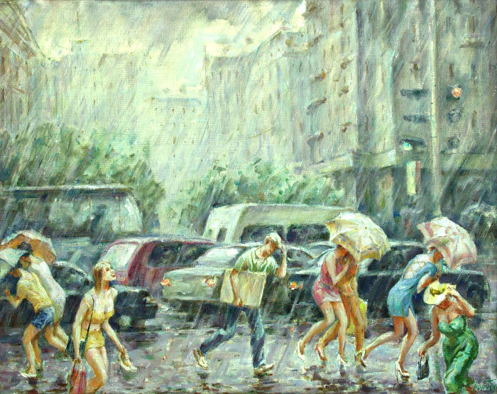Дождь - улица, люди, живопись, картина, городской пейзаж, город - оригинал