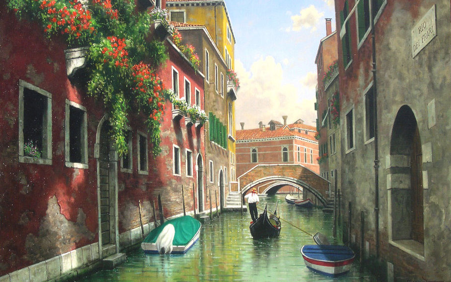 Венеция - город, живопись, картина, лодка солнечный день, вода - оригинал