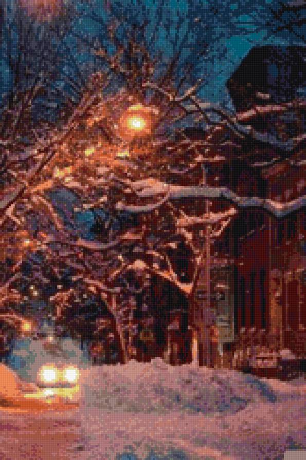 Ночная улица - фонарь, автомобиль, ночь, улица, деревья, зима, снег - предпросмотр