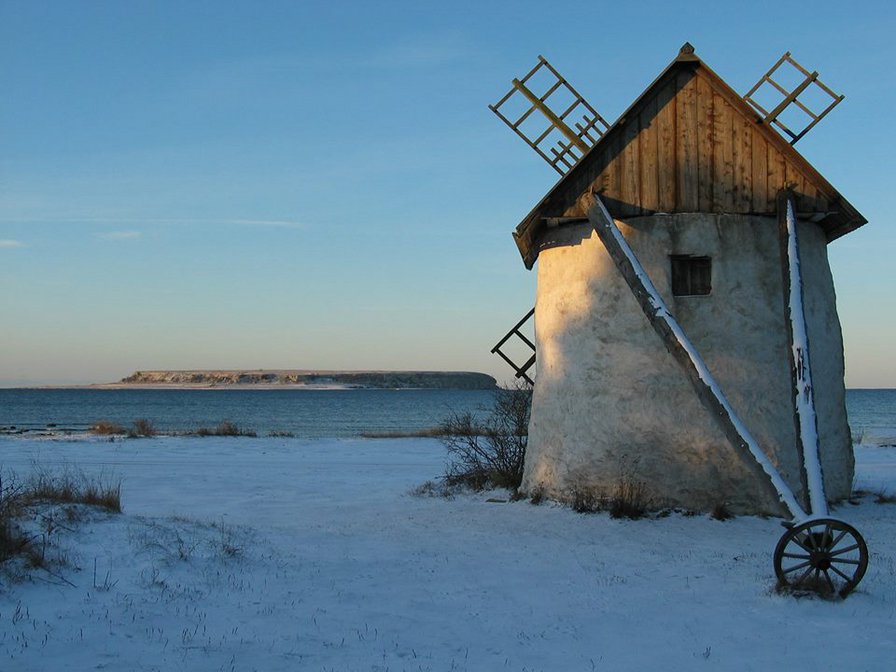 Старая мельница - остров, зима, готланд, мельница, море, швеция - оригинал