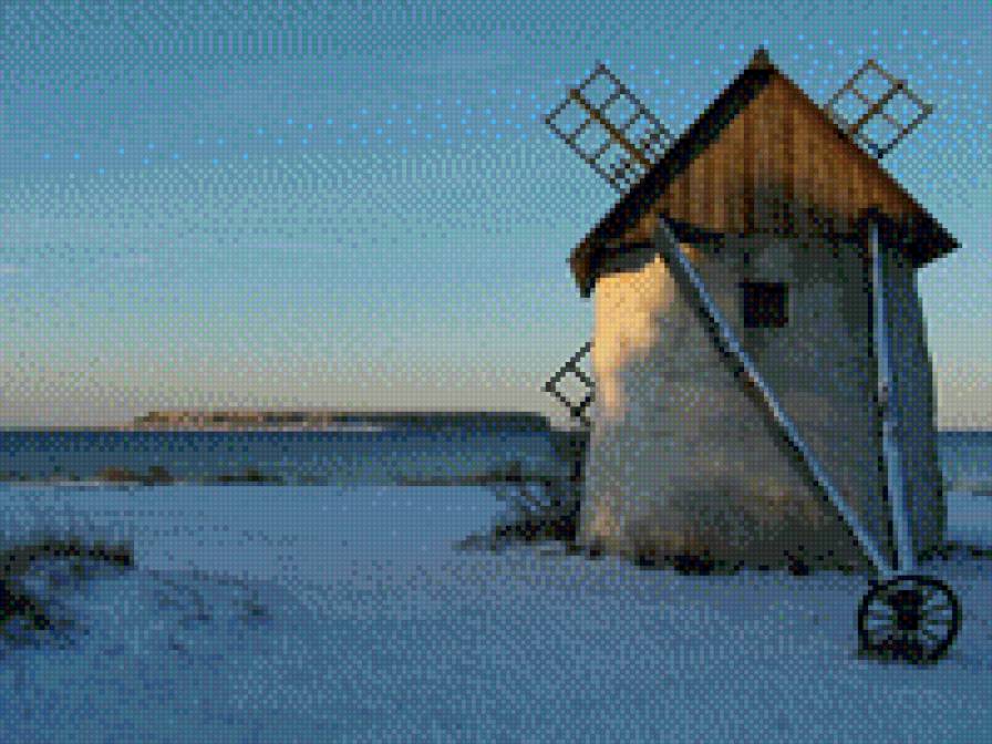 Старая мельница - остров, море, швеция, готланд, мельница, зима - предпросмотр