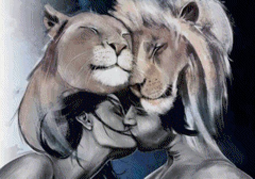 животная нежность - львица, поцелуй, серо-синие, девушка, лев, мужчина - предпросмотр