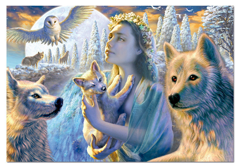 Зимняя фантазия - волки, сова, волченок, зима, природа, девушка, луна - оригинал