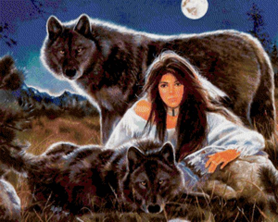волки и девушка - индейцы, волки, девушка. - предпросмотр
