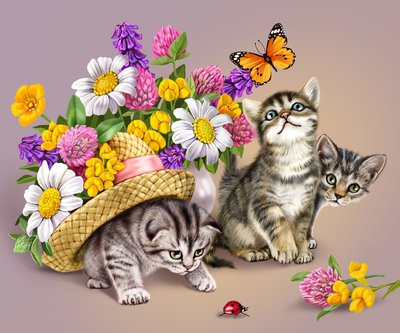 Котята - цветы, котята, бабочка - оригинал