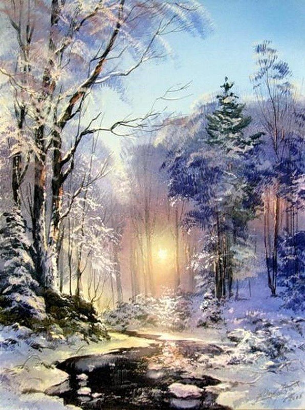 №1082619 - зима, пейзаж, лес, ручей, снег - оригинал