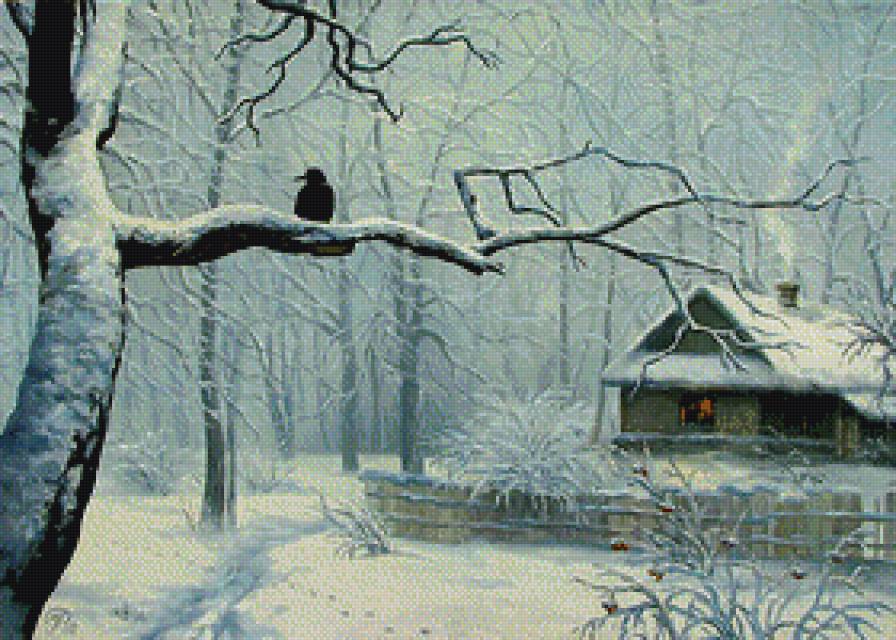 Зима. - дом, ворон, дерево - предпросмотр