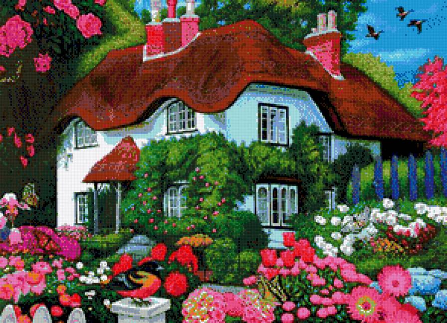 Дом в цветах - домик, цветы, растения, птичка - предпросмотр