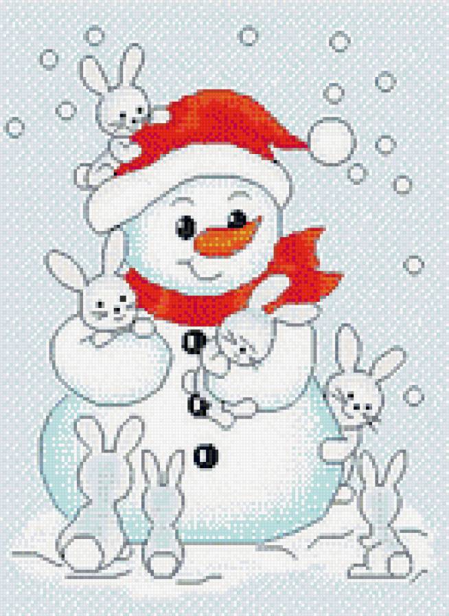 снеговик и зайки - заяц, кролик, снеговик, зима, новый год - предпросмотр