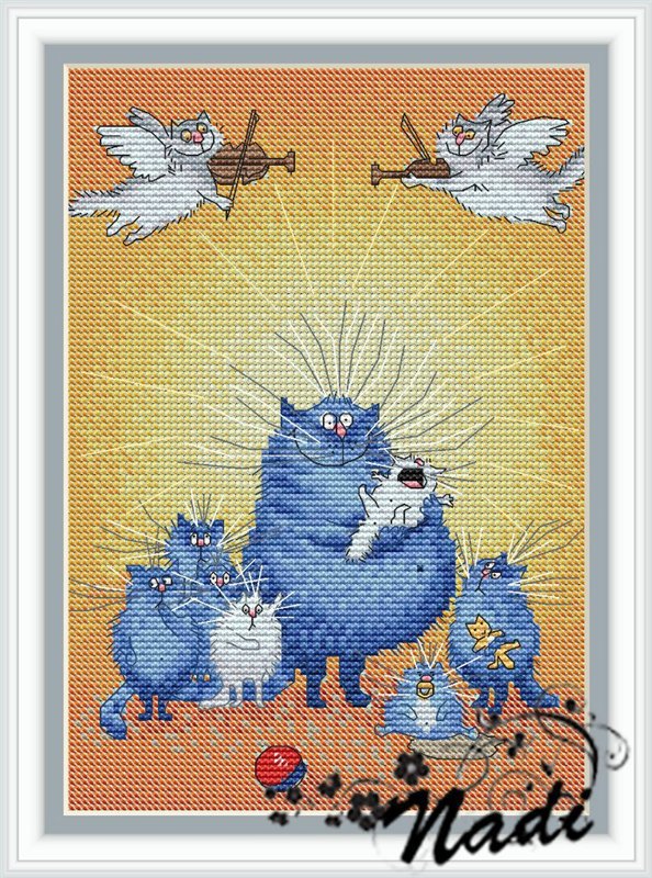 семейство - папа, котята, коты, синий кот - оригинал
