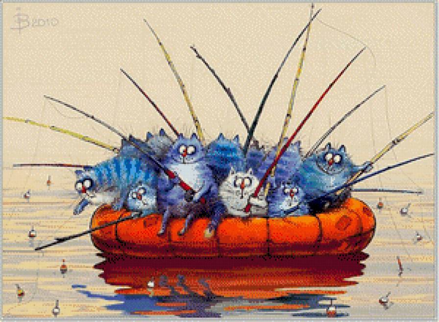 Групповая рыбалка - коты, юмор, рыбалка, синий кот - предпросмотр