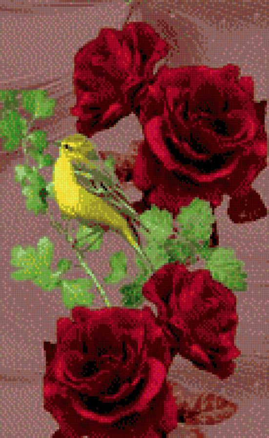 Птичка и розы - предпросмотр