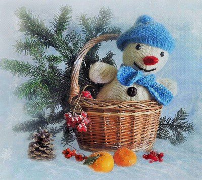 Снеговик - снеговик, елка, шишки, корзина, игрушки - оригинал
