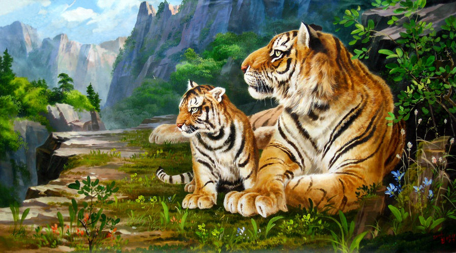 0236 - живопись, картина, лето, природа, животные, тигр, красота - оригинал