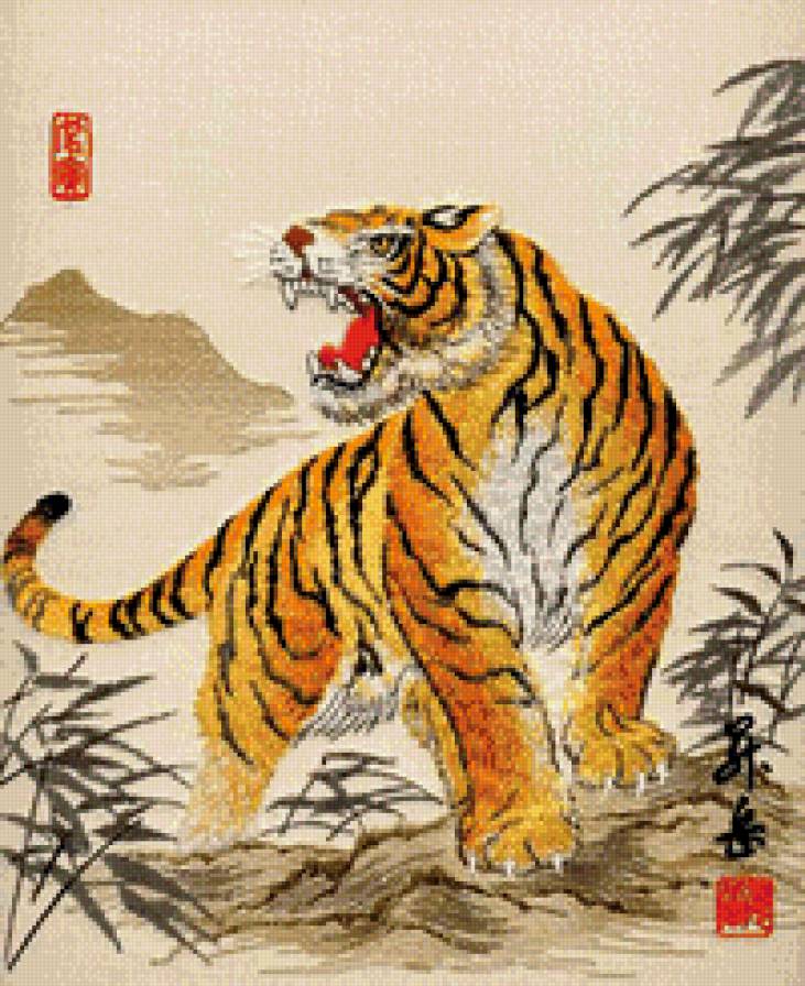 Тигр. Китайская живопись. - бамбук., китайская, кошки, животные, живопись, китай, тигр - предпросмотр