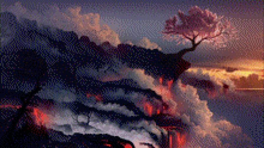 сакура на вулкане - вулкан, дерево, сакура - предпросмотр
