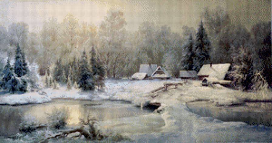 зима в деревне - зима.снег, природа, лес, сугробы, домик, зимний пейзаж, река, деревня - предпросмотр