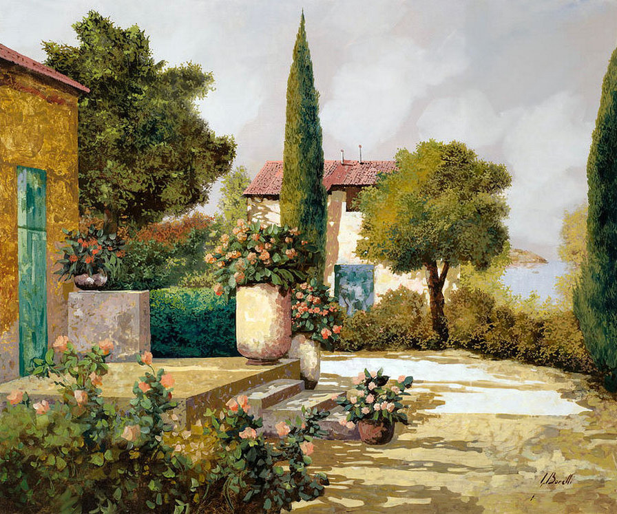 Двор с кипарисами - тоскана, италия, двор, кипарисы, цветы, пейзаж - оригинал