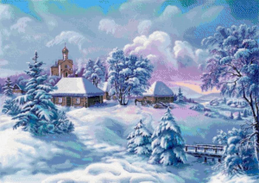 зима - церквушка, деревья, мост, дома, картина, снег - предпросмотр