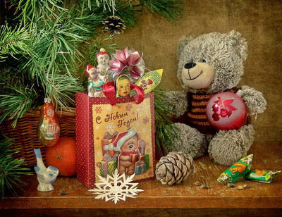 рождественский подарок - мишка, конфеты, подарок - оригинал