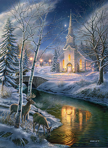 Рождество - пейзаж, зима, деревня, ночь, рождество, новый год, олени - оригинал