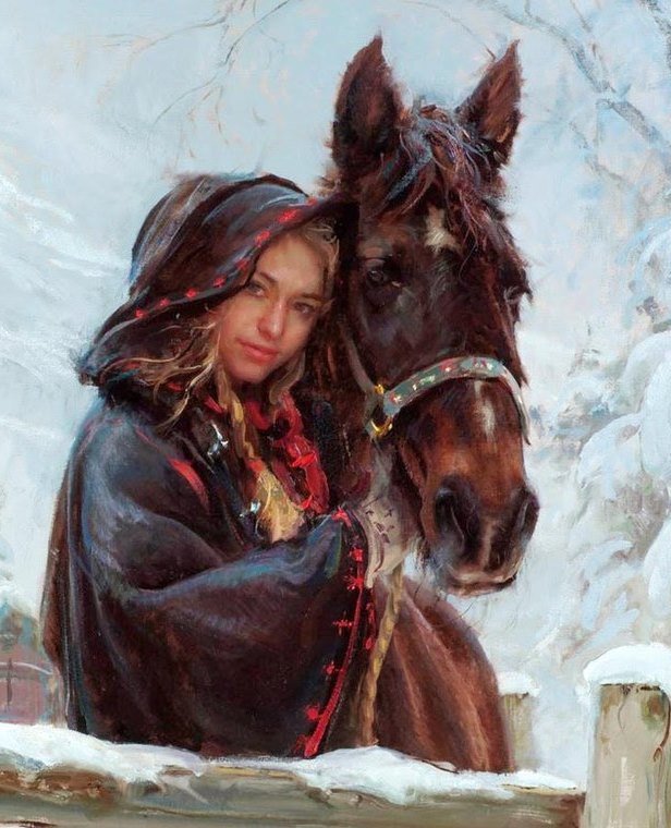 Девушка с лошадью - девушка, лошадь, зима - оригинал