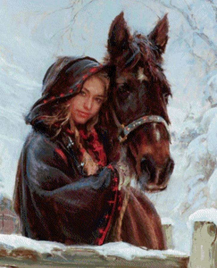 Девушка с лошадью - зима, девушка, лошадь - предпросмотр