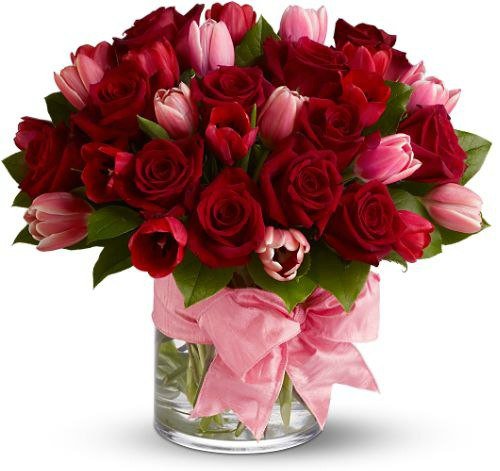 №1107426 - цветы, тюльпаны, букет, тюльпаны с розами, розы, красные розы - оригинал