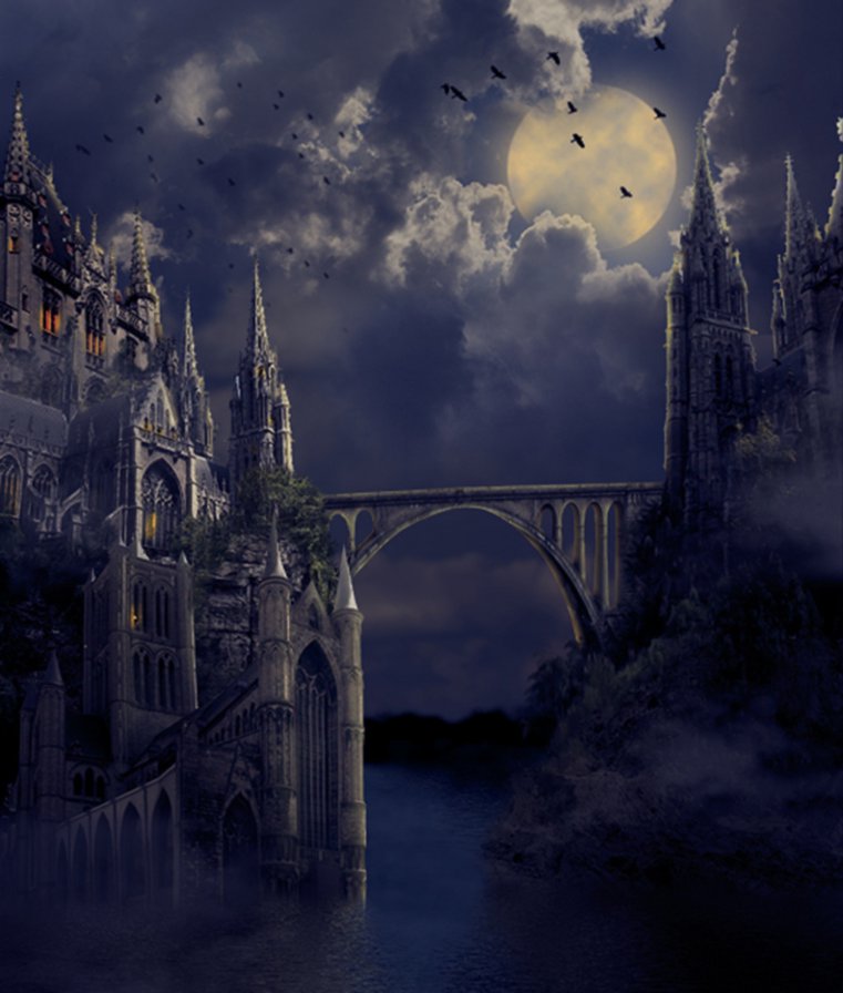 Замок - море, ночь, луна, замок - оригинал