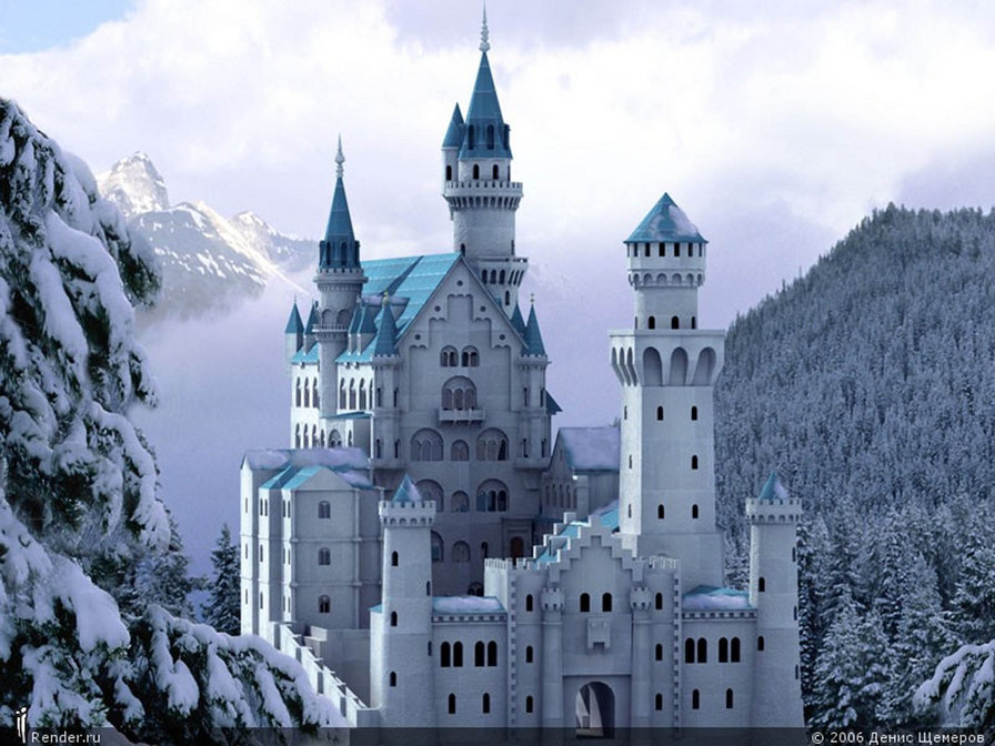 белый замок в горах - лес, горы, зима, замок - оригинал