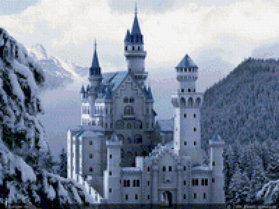 белый замок в горах - горы, лес, замок, зима - предпросмотр