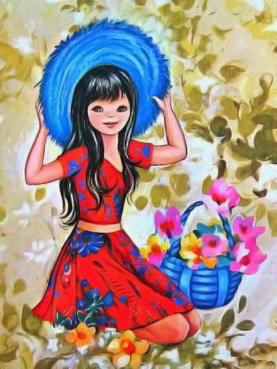 детский винтаж - корзинка, девочка, цветы, весна - оригинал