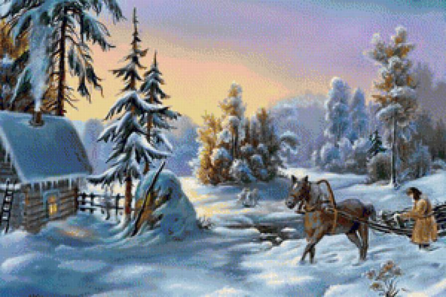 зима в деревне - зима, деревья, снег, деревня, лошадь, избушка - предпросмотр
