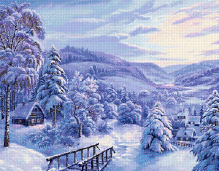 зима в деревне - снег, река, город, дома - предпросмотр