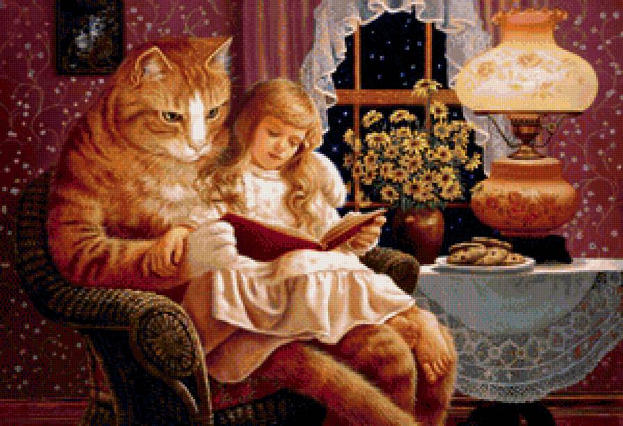 Сказка - уют, девочка, книга, кот, сказка, дом, ребенок - предпросмотр