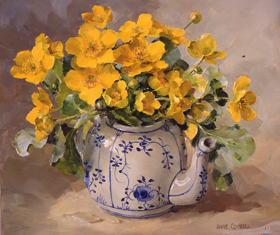 Жёлтые цветы Анны Коттеррил - кувшин, букет, цветы - оригинал