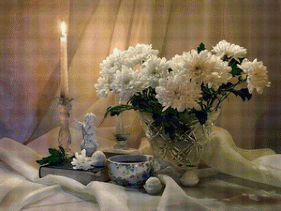 белые хризантемы - хризантемы, букет, свеча, ангел, цветы - предпросмотр