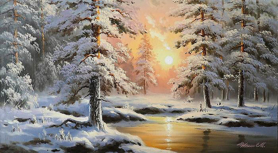 Зимний вечер - снег, солнце, зима, дома - оригинал