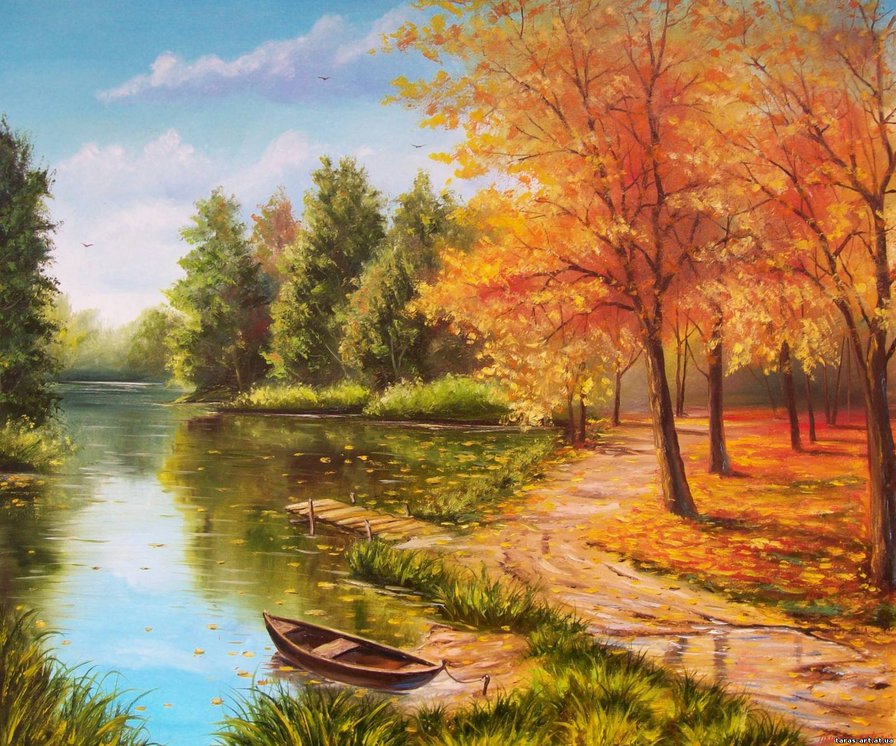 Осень - лодка, вода, листопад, пруд - оригинал